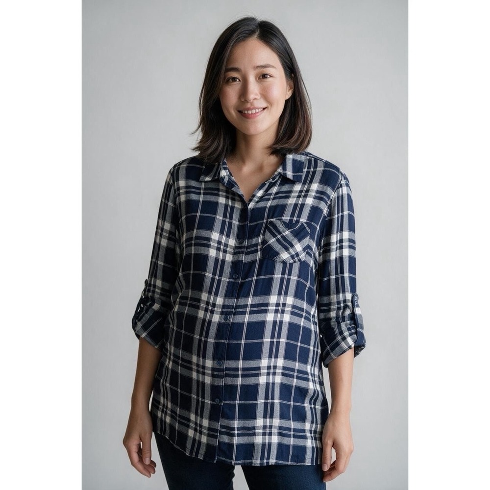 Motherhood Maternity Size M Soft Plaid Button Up Shirt Long Sleeve Tunic Casual